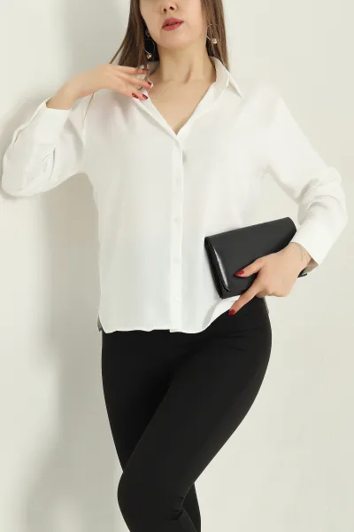 Beyaz Jessica Kumaş Likralı Bayan Gömlek 335557