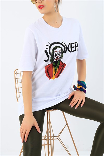 Beyaz Joker Baskılı Bayan Tişört 33637