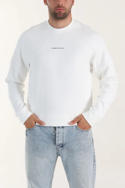 Beyaz Kabartma Yazılı Bisiklet Yaka Erkek Sweatshirt 396894