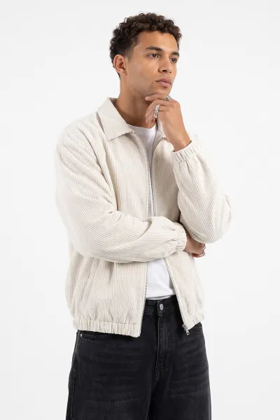 Beyaz Kadife Oversize Fermuarlı Erkek Ceket 491702