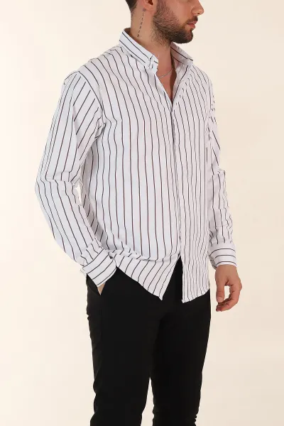 Beyaz Kahve Çizgili Regular Fit Ata Yaka Uzun Kollu Erkek Gömlek 369999