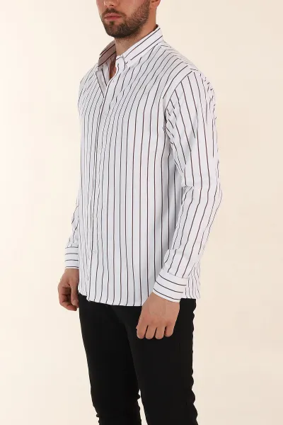 Beyaz Kahve Çizgili Regular Fit Ata Yaka Uzun Kollu Erkek Gömlek 369999