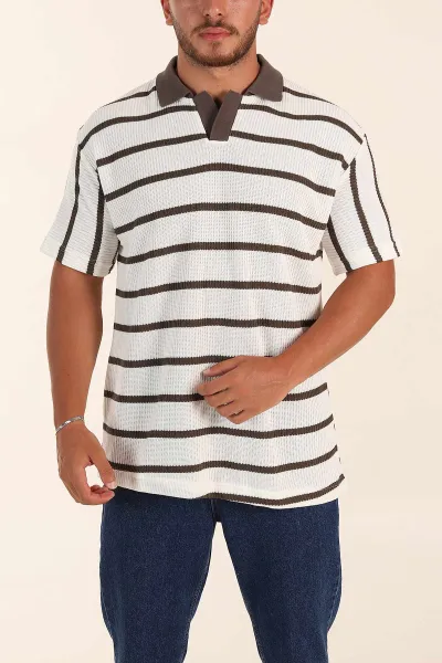 Beyaz Kahverengi Çizgili Oversize Polo Yaka Erkek Triko Tişört 269208