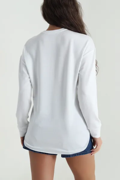 Beyaz Kalp Baskılı Kristal Kadın Sweat Tunik 485622