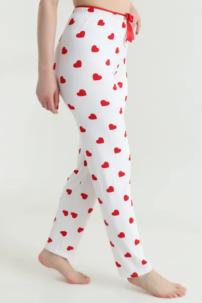 Beyaz Kalp Desenli Beli Lastikli Kadın Pijama Altı 466377