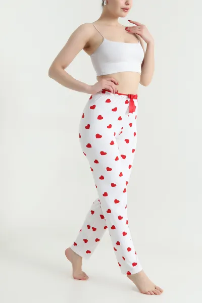Beyaz Kalp Desenli Beli Lastikli Kadın Pijama Altı 466377