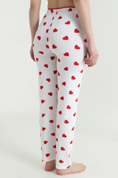 Beyaz Kalp Desenli Beli Lastikli Kadın Pijama Altı 466377