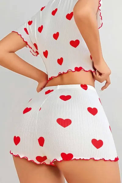 Beyaz Kalp Desenli Kadın Şortlu Pijama Takımı 476808