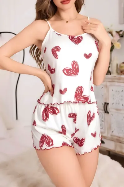 Beyaz Kalp Desenli Kadın Şortlu Pijama Takımı 476811