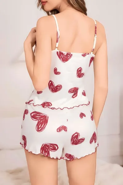 Beyaz Kalp Desenli Kadın Şortlu Pijama Takımı 476811