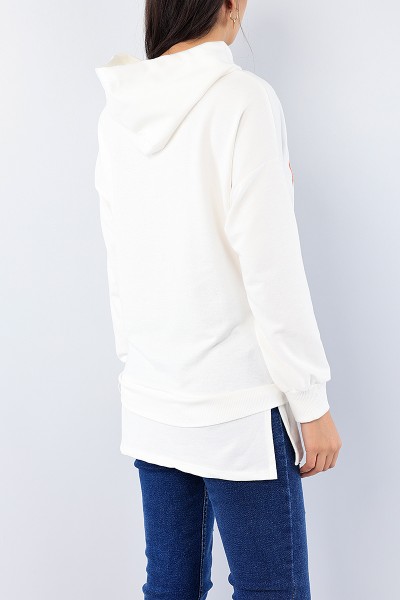 Beyaz Kanguru Cep Garnili Bayan Sweat 75547