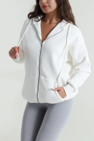Beyaz Kapşonlu Fermuarlı Şardonlu Üç İp Kadın Sweat 485502