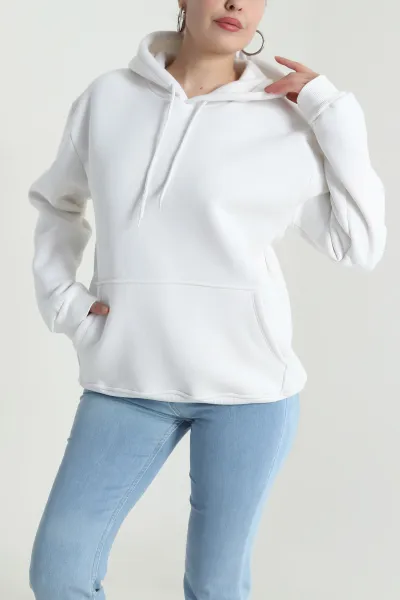 Beyaz Kapşonlu Şardonlu Üç İp Kadın Sweat 484644