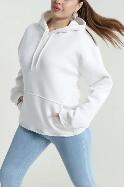 Beyaz Kapşonlu Şardonlu Üç İp Kadın Sweat 484644