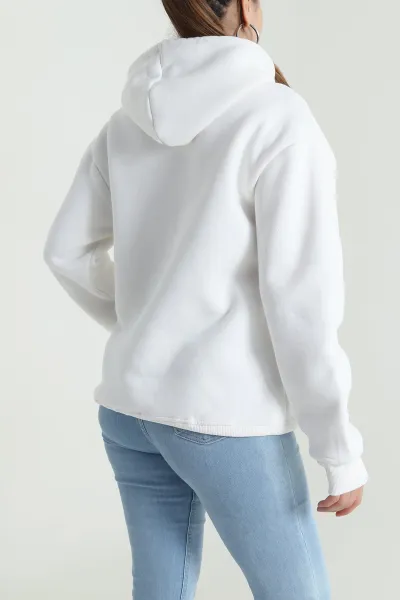Beyaz Kapşonlu Şardonlu Üç İp Kadın Sweat 484644