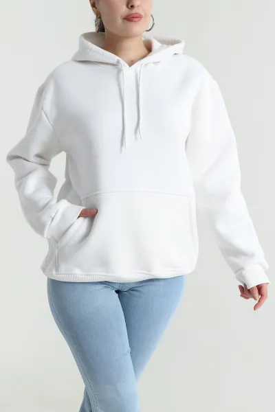 Beyaz Kapşonlu Şardonlu Üç İp Kadın Sweat 484644