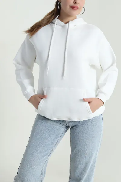 Beyaz Kapşonlu Şardonlu Üç İp Kadın Sweat 484981