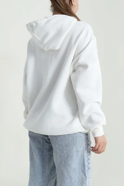 Beyaz Kapşonlu Şardonlu Üç İp Kadın Sweat 484987