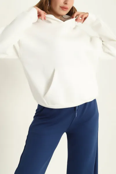 Beyaz Kapüşonlu İçi Şardonlu Basic Sweat 292844