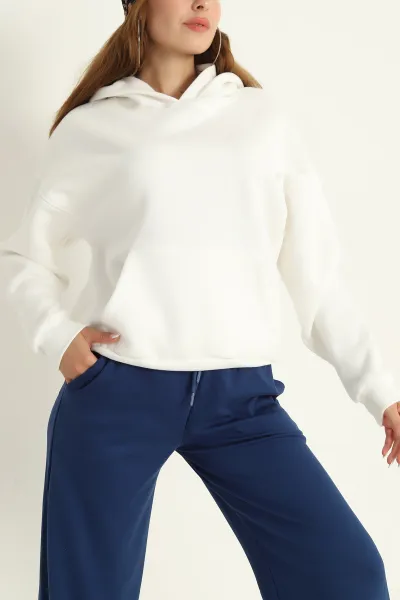 Beyaz Kapüşonlu İçi Şardonlu Basic Sweat 292844