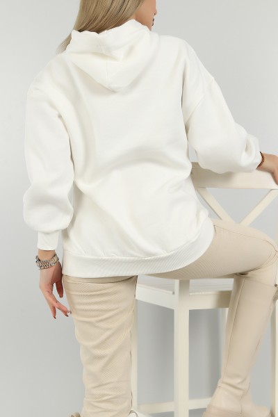 Beyaz Kapüşonlu İçi Şardonlu Bayan Sweat 144931
