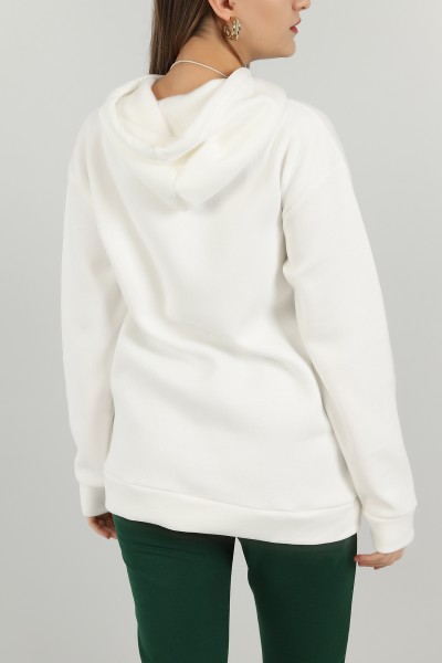 Beyaz Kapüşonlu İçi Şardonlu Bayan Sweat 147667