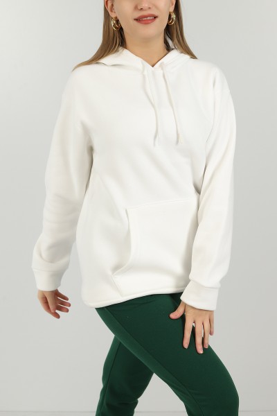 Beyaz Kapüşonlu İçi Şardonlu Bayan Sweat 147667