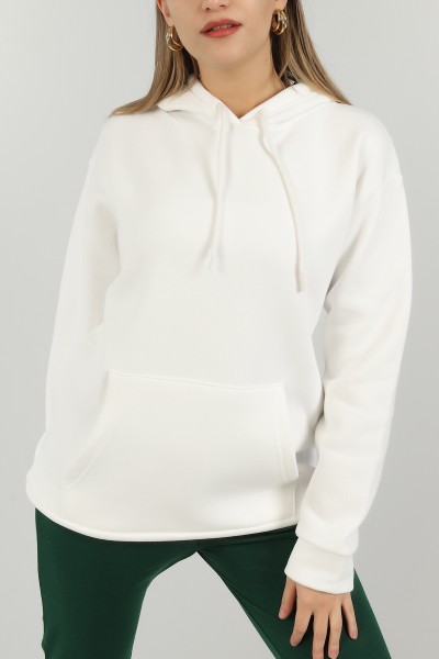 Beyaz Kapüşonlu İçi Şardonlu Bayan Sweat 147667