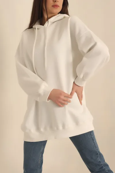 Beyaz Kapüşonlu İçi Şardonlu Oversize Sweat 229549