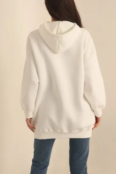 Beyaz Kapüşonlu İçi Şardonlu Oversize Sweat 229549