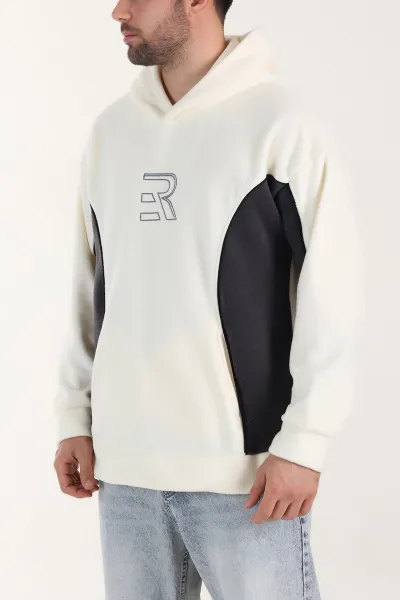 Beyaz Kapüşonlu Nakış Detaylı Erkek Sweatshirt 408761