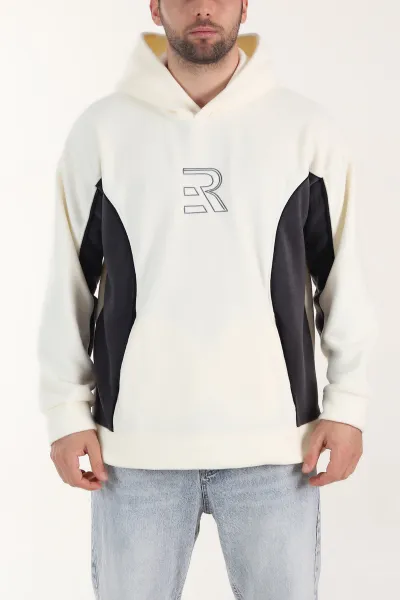 Beyaz Kapüşonlu Nakış Detaylı Erkek Sweatshirt 408761