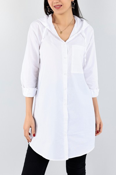Beyaz Kapüşonlu Poplin Gömlek Tunik 96590