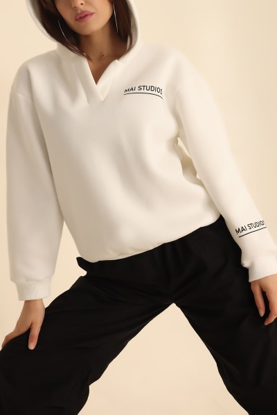 Beyaz Kapüşonlu Şardonlu Bayan Sweat 217689