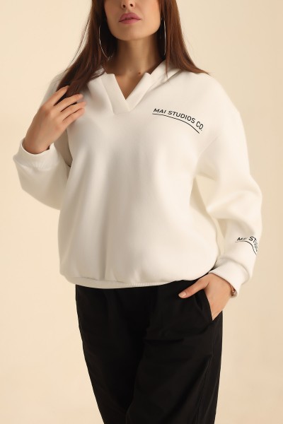 Beyaz Kapüşonlu Şardonlu Bayan Sweat 217689