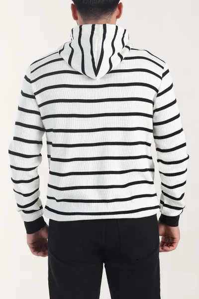 Beyaz Kapüşonlu Yazı Detaylı Çizgili Erkek Sweatshirt 407973