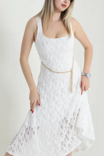 Beyaz Kare Yaka Astarlı Dantel Kadın Elbise 471434