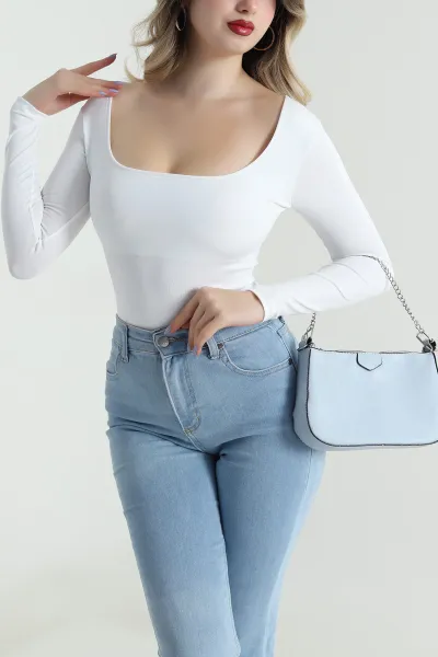 Beyaz Kare Yaka Scuba Kadın Zıbın Bluz 494755
