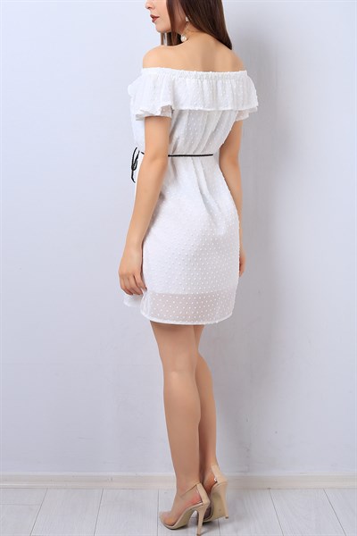 Beyaz Kayık Yaka Bayan Şifon Elbise 14217B