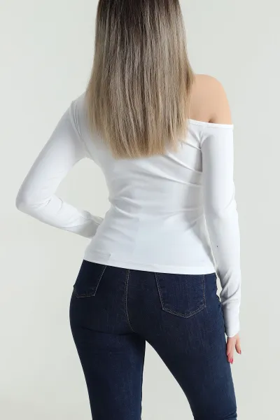 Beyaz Kayık Yaka Scuba Kadın Bluz 491745