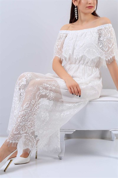 Beyaz Kayık Yaka Tül Elbise 21077B