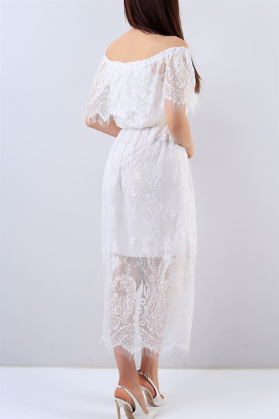 Beyaz Kayık Yaka Tül Elbise 21077B