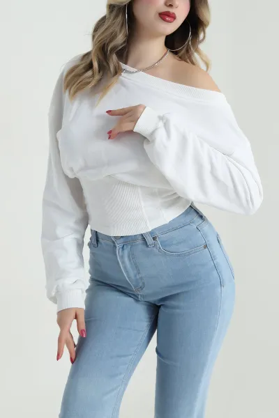 Beyaz Kayık Yaka Üç İp Kadın Bluz 492554