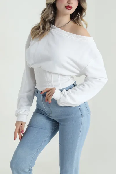 Beyaz Kayık Yaka Üç İp Kadın Bluz 492554