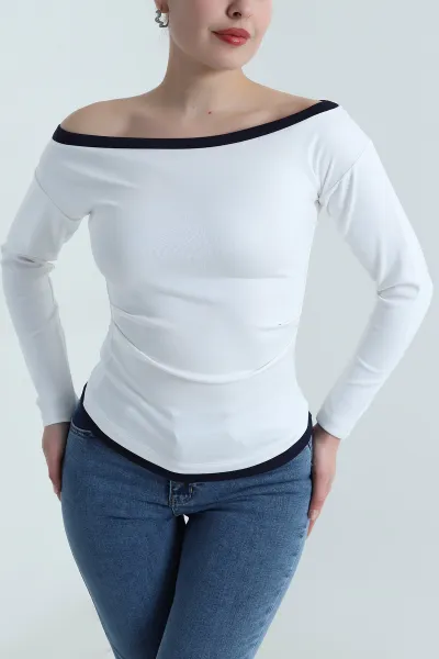 Beyaz Kayık Yaka Yanı Büzgülü Modal Kadın Bluz 498873