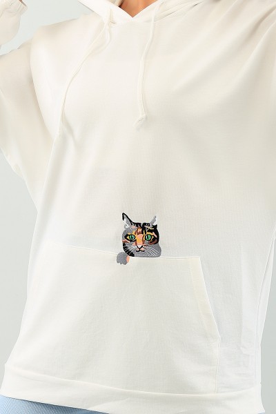 Beyaz Kedi Nakışlı Sweat Tunik 74643