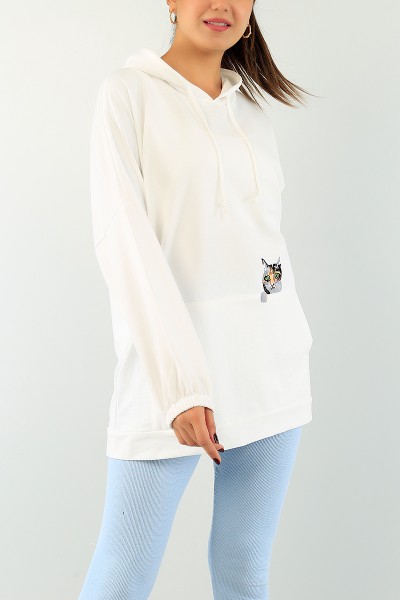 Beyaz Kedi Nakışlı Sweat Tunik 74643