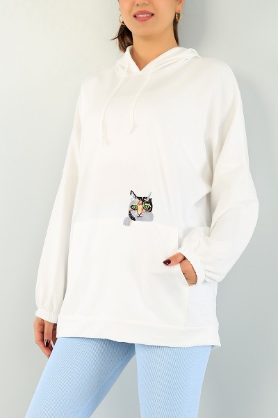 Beyaz Kedi Nakışlı Sweat Tunik 74643