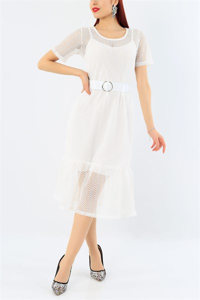 Beyaz Kemer Detay Dantelli Elbise 30075B
