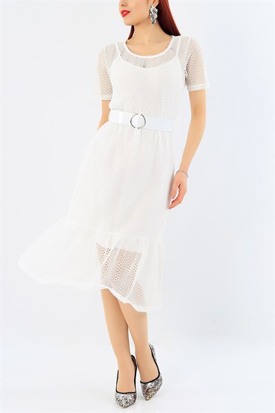 Beyaz Kemer Detay Dantelli Elbise 30075B
